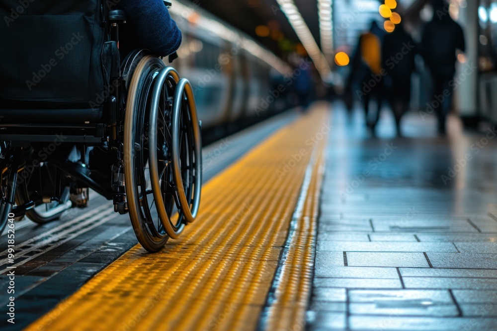 Urban commuting with accessibility: person in wheelchair on a train platform at night Urban commuting with accessibility: person in wheelchair on a train platform at night