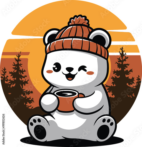 a polar bear with a cup of tea and a picture of a bear with a hat on.