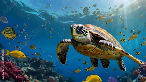 Wallpaper Mural Underwater world image. Turtle, blue ocean, corals and fish Torontodigital.ca