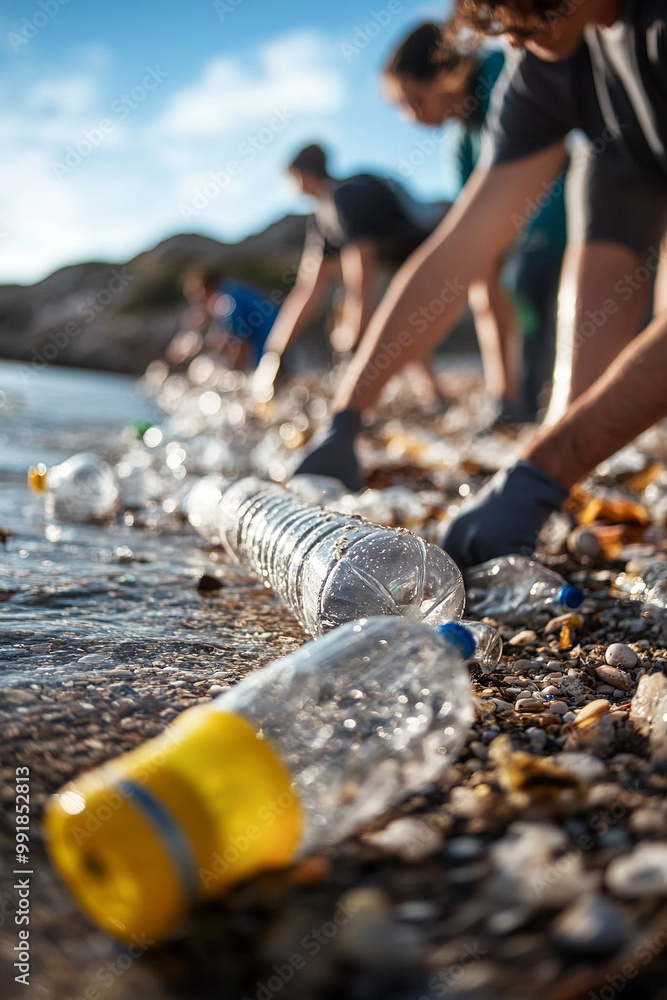 a group of volunteering cleaning the bottle and plastic at the beach a group of volunteering cleaning the bottle and plastic at the beach
