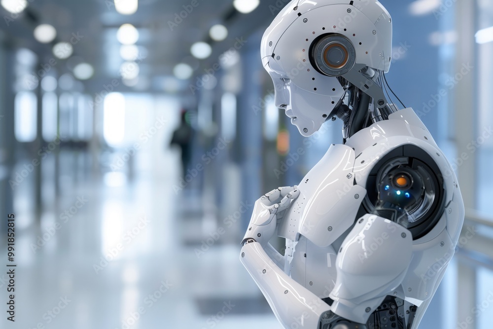 White robot is sad in the hallway White robot is sad in the hallway