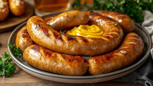 A plate of weisswurst sausages with pretzel and mustard, set against a soft wooden table background in a beer tent photo