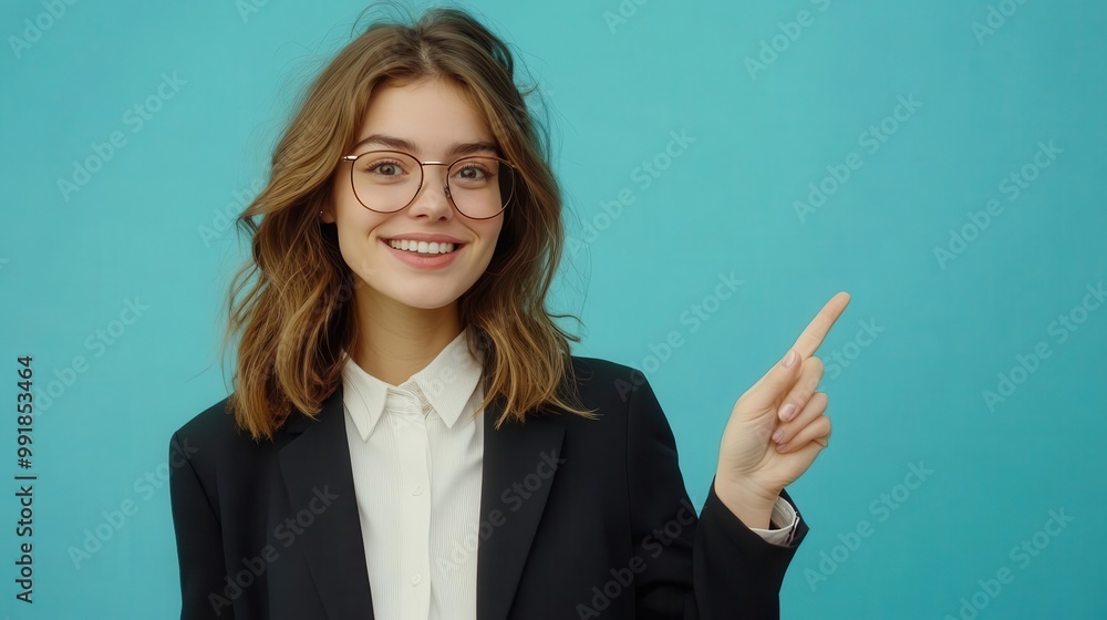 cheerful businesswoman gesturing vivacious young woman in professional attire pointing sideways bright blue background friendly expression cheerful businesswoman gesturing vivacious young woman in professional attire pointing sideways bright blue background friendly expression