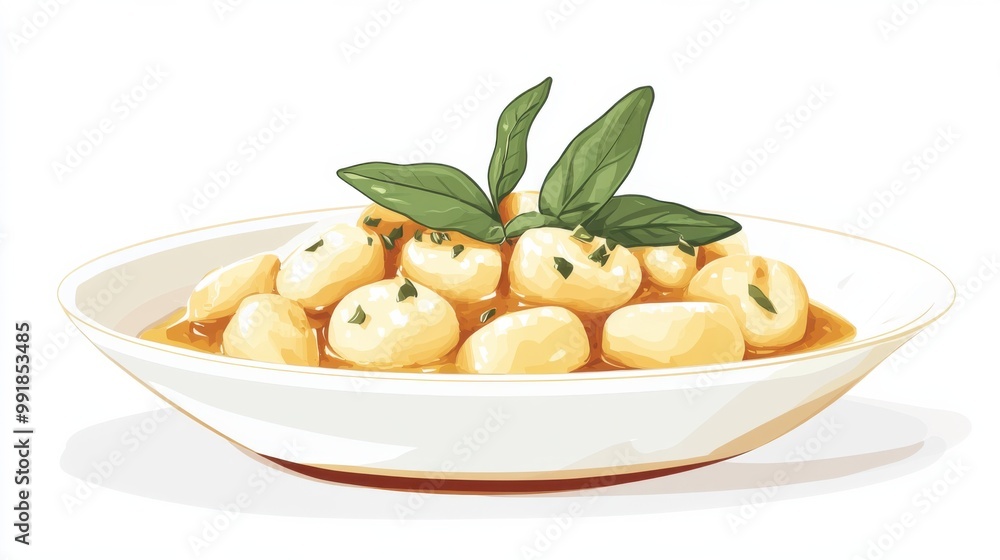 A plate of gnocchi with sage brown butter sauce, flat color illustration A plate of gnocchi with sage brown butter sauce, flat color illustration