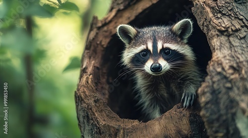 charming raccoon with expressive eyes peeking out from hollow log dappled forest light soft focus background of lush greenery