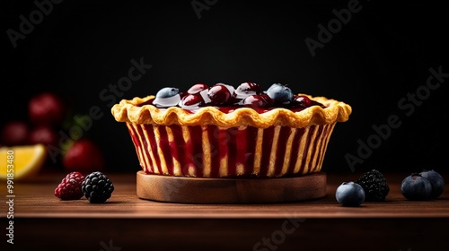 Berrylicious Delight: A mouthwatering berry pie, its crust adorned with a delicate, striped glaze, sits temptingly on a wooden surface, surrounded by fresh berries. The warm. photo