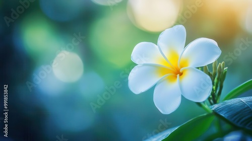 closeup of a delicate frangipani flower with soft white petals and a vibrant yellow center serene tropical beauty against a dreamy blurred natural background