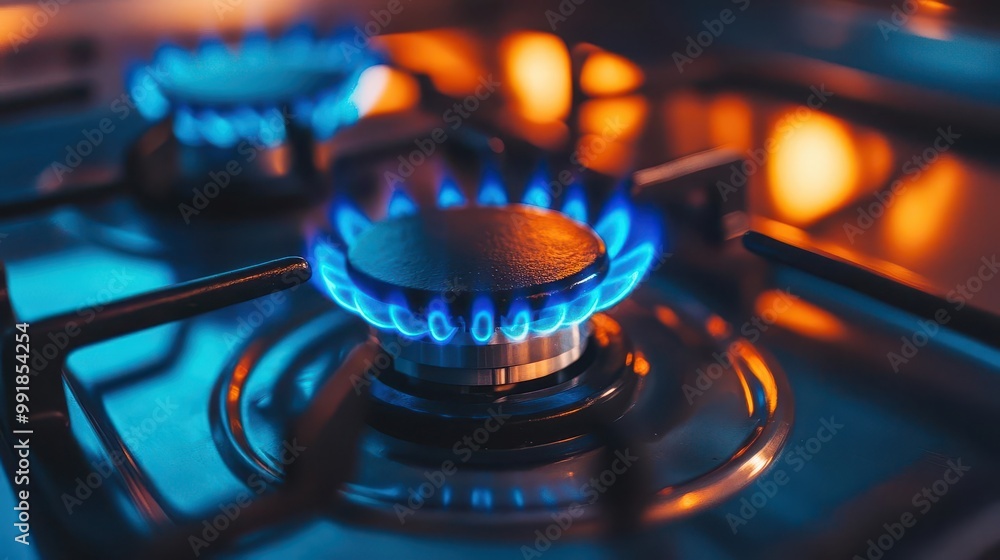 closeup of gas stove burner with vibrant blue flame sleek modern cooktop design subtle reflections on metallic surface economic concept closeup of gas stove burner with vibrant blue flame sleek modern cooktop design subtle reflections on metallic surface economic concept
