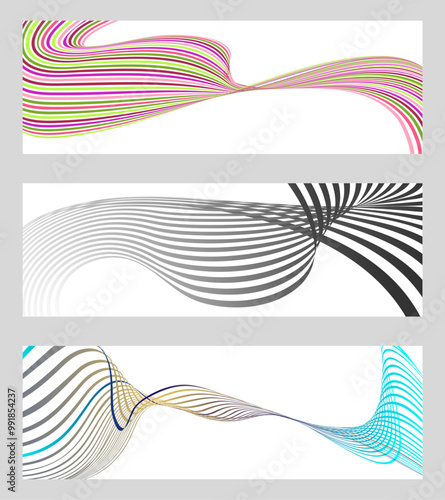 Wavy lines or ribbons. Set of 3 backgrounds. Multicolored striped gradient. Creative unusual background with abstract gradient wave lines to create a trendy banner, poster. vector eps