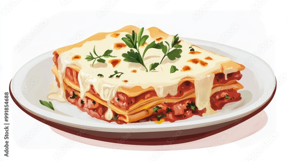 A plate of lasagna with layers of cheese and tomato sauce, digital painting, flat color, digital illustration poster A plate of lasagna with layers of cheese and tomato sauce, digital painting, flat color, digital illustration poster