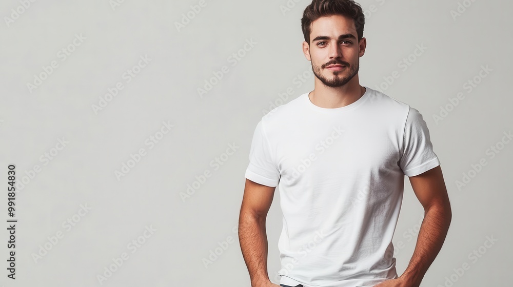 confident businessman in crisp white tshirt standing with hands in pockets against a minimalist studio backdrop soft lighting accentuates a genuine approachable expression confident businessman in crisp white tshirt standing with hands in pockets against a minimalist studio backdrop soft lighting accentuates a genuine approachable expression