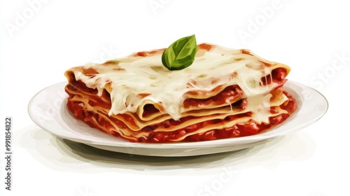 A plate of lasagna with layers of cheese and tomato sauce, digital painting, flat color, digital illustration poster