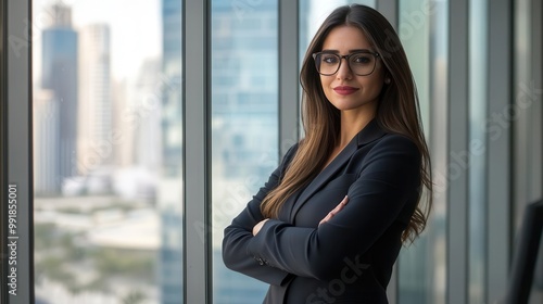 confident middle eastern businesswoman in sleek suit and glasses standing with arms crossed in modern office exuding leadership and professionalism against city skyline Free Download confident middle eastern businesswoman in sleek suit and glasses standing with arms crossed in modern office exuding leadership and professionalism against city skyline - GFXLoad