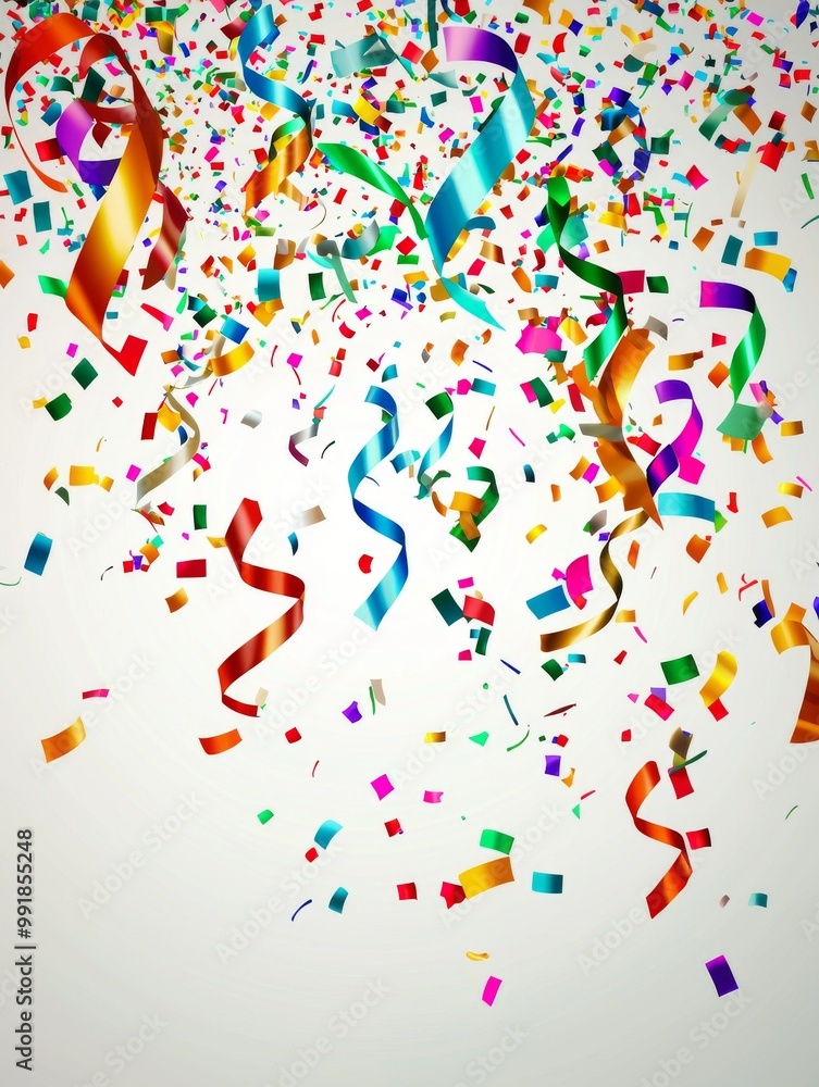 Colorful confetti and streamers falling against a bright background, creating a festive atmosphere. Colorful confetti and streamers falling against a bright background, creating a festive atmosphere.