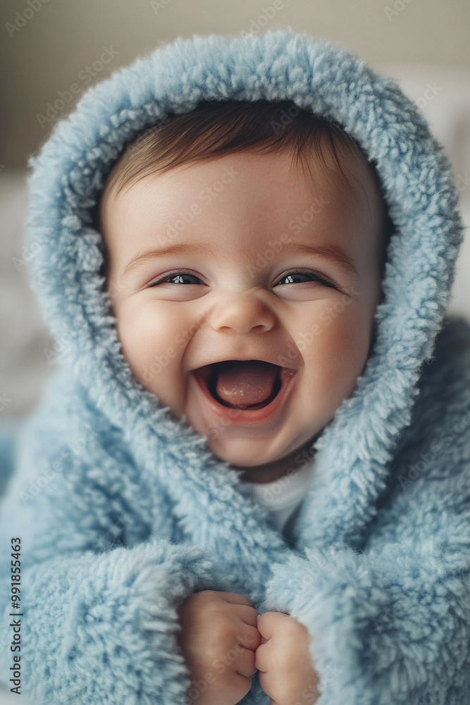 An adorable image capturing a baby's genuine joy. This beautiful baby, adorned in a fuzzy, soft blue onesie An adorable image capturing a baby's genuine joy. This beautiful baby, adorned in a fuzzy, soft blue onesie