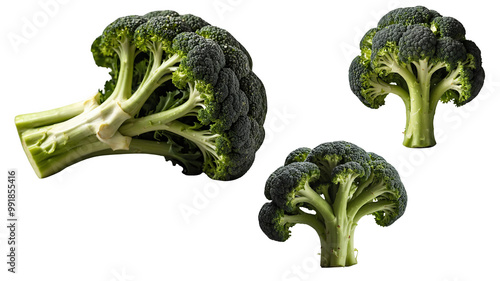 A green broccoli head shown from multiple angles on a white background