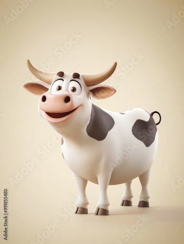 A cheerful cartoon cow with a friendly smile, showcasing a playful design and whimsical character.