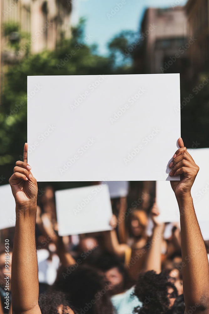 black hands holding rectangular blank white paper board at a protest, minimalistic editorial mockup black hands holding rectangular blank white paper board at a protest, minimalistic editorial mockup