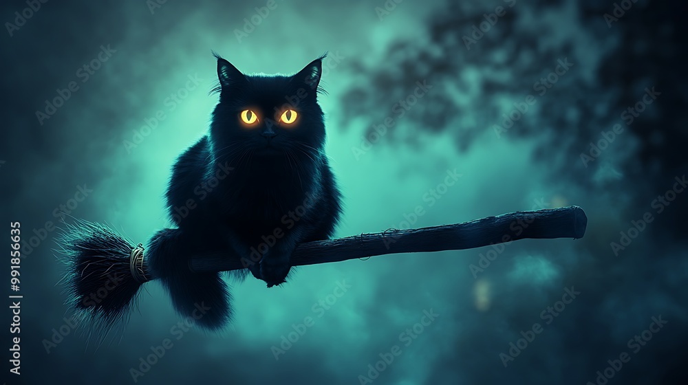 A black cat with glowing eyes sits on a broomstick in a foggy forest. A black cat with glowing eyes sits on a broomstick in a foggy forest.