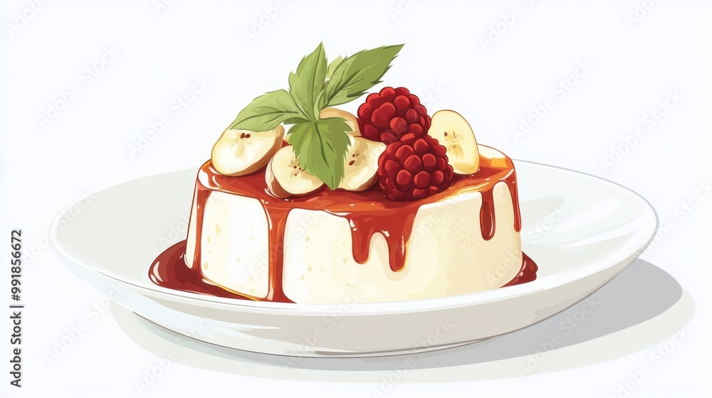 A plate of panna cotta with a simple raspberry sauce drizzle, flat color illustration A plate of panna cotta with a simple raspberry sauce drizzle, flat color illustration