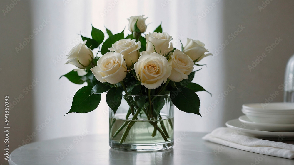 Simple floral centerpiece with white roses and green leaves in a clear vase on a table Simple floral centerpiece with white roses and green leaves in a clear vase on a table