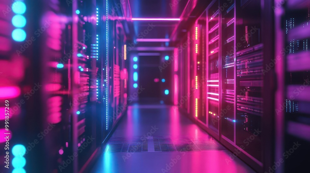 cybernetic nexus futuristic server room neonlit racks fiber optic tendrils cool color palette depth of field emphasizing technological complexity cybernetic nexus futuristic server room neonlit racks fiber optic tendrils cool color palette depth of field emphasizing technological complexity