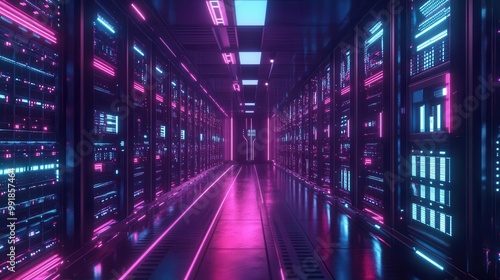 cyberpunk data center neonlit server racks stretch infinitely holographic interfaces robotic maintenance drones pulsing energy conduits photo