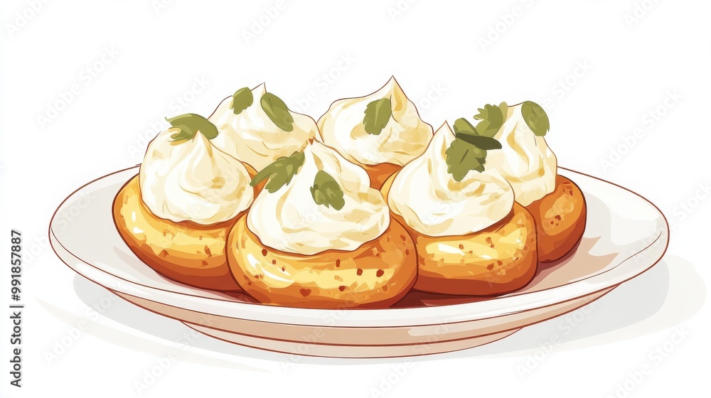A plate of profiteroles with basic cream filling, flat color illustration A plate of profiteroles with basic cream filling, flat color illustration