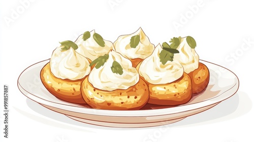 A plate of profiteroles with basic cream filling, flat color illustration