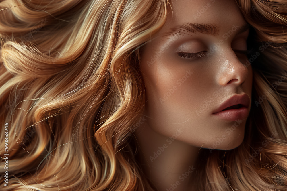 A young woman relaxes with her eyes closed, showcasing her stunning wavy blonde hair flowing around her. The warm tones enhance her peaceful demeanor, creating a tranquil atmosphere A young woman relaxes with her eyes closed, showcasing her stunning wavy blonde hair flowing around her. The warm tones enhance her peaceful demeanor, creating a tranquil atmosphere