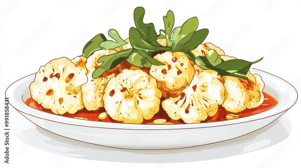 A plate of roasted cauliflower salad with tahini dressing, flat color illustration A plate of roasted cauliflower salad with tahini dressing, flat color illustration