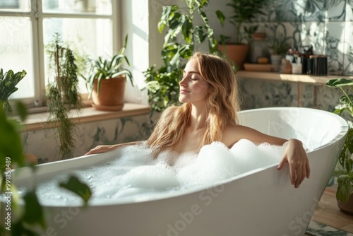 Relaxing in a Bubble Bath Surrounded by Green Plants and Natural Light