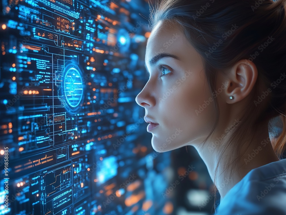 Profile of a focused female scientist analyzing complex digital data on futuristic blue and orange screens. Ideal for tech and innovation themes Profile of a focused female scientist analyzing complex digital data on futuristic blue and orange screens. Ideal for tech and innovation themes