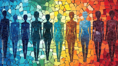 diverse silhouettes of human figures forming intricate mosaic pattern each shape unique yet interconnected representing global community