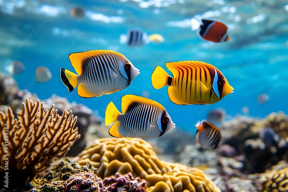 Fototapeta premium A school of tropical fish swimming through a coral reef, their vibrant colors standing out against the clear blue water