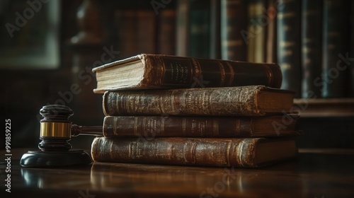Wallpaper Mural dramatic composition of leatherbound law books and a judges gavel in warm lowkey lighting rich textures and deep shadows evoke the weight of justice and tradition Torontodigital.ca