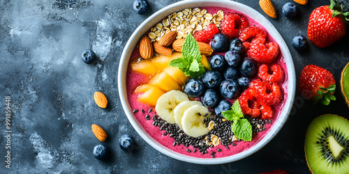 Wallpaper Mural Top view of Colorful Acai Bowl with Berries, Kiwi, Almonds, and Banana Slices
 Torontodigital.ca