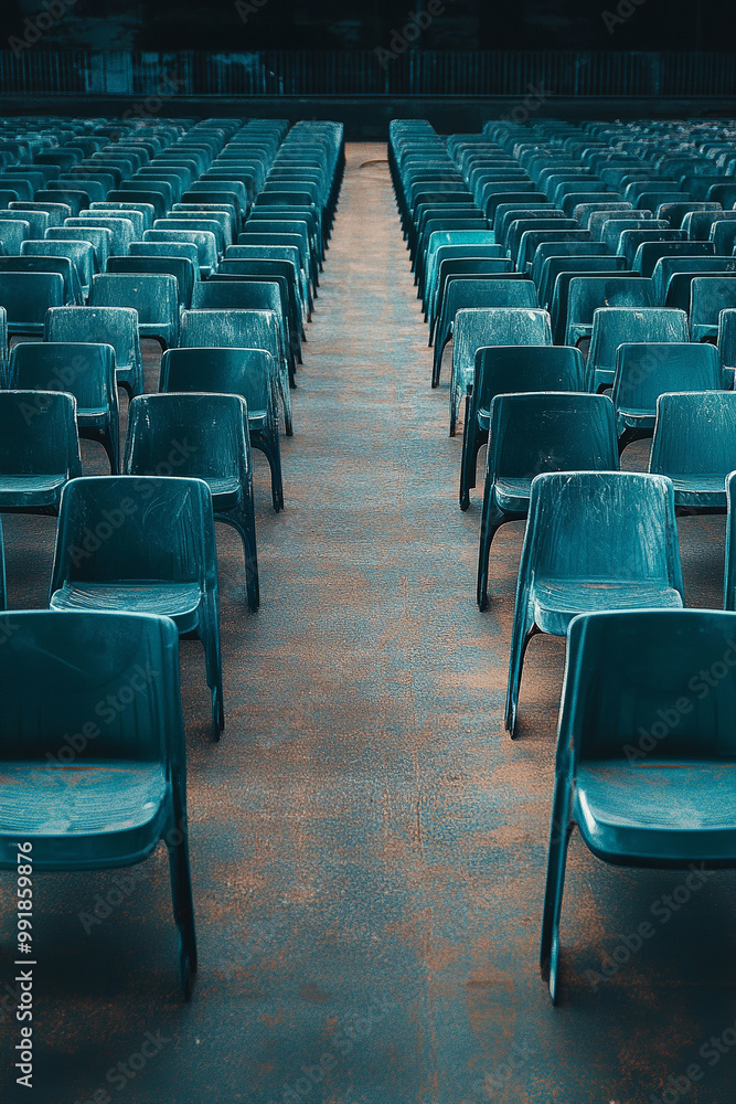 Fototapeta premium empty stadium seats of a running court seen from the opposite side, frontal view, plastic seats