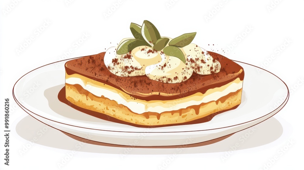 A plate of tiramisu with cocoa powder topping, flat color illustration A plate of tiramisu with cocoa powder topping, flat color illustration