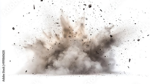 dynamic explosion of debris swirling dust particles frozen moment of destruction highspeed photography isolated on pristine white