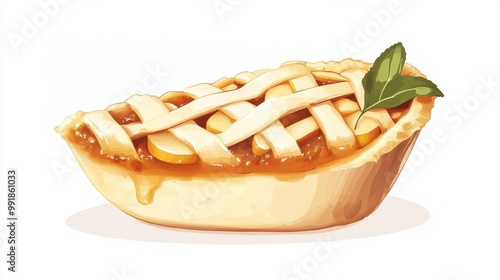 A slice of apple pie with a simple lattice crust, flat color illustration