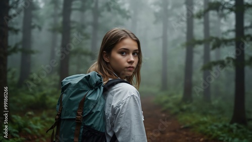 Young girl with a backpack in a misty forest.