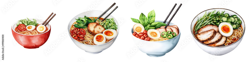 Four bowls of ramen with various toppings, vibrant colors, white isolated background Four bowls of ramen with various toppings, vibrant colors, white isolated background