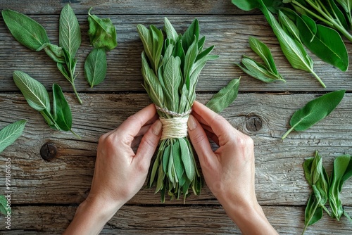 Make sage smudge sticks, hand wrap string around sage leaf bundle. Use as incense for meditation and at home photo