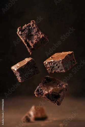 hovering chocolate brownie pieces photo