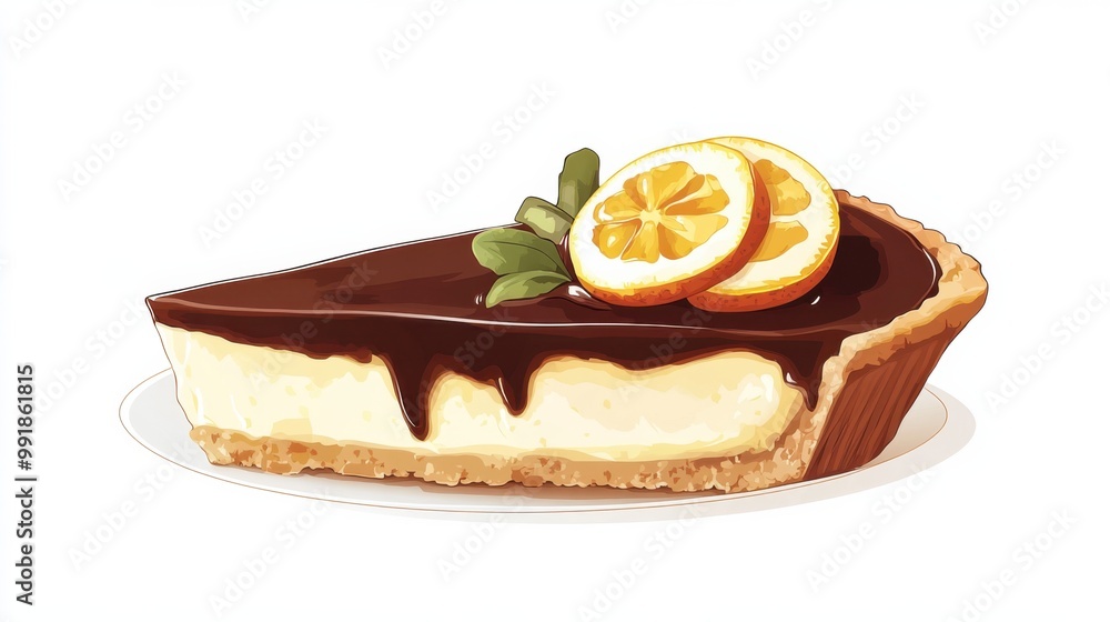 A slice of chocolate orange tart with a rich ganache filling, flat color illustration A slice of chocolate orange tart with a rich ganache filling, flat color illustration