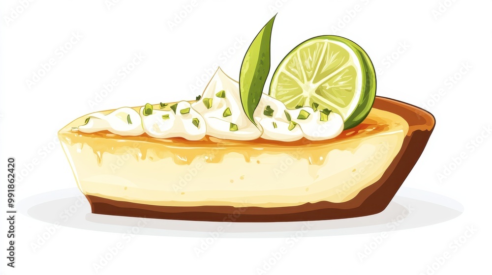 A slice of key lime pie with simple lime garnish, flat color illustration A slice of key lime pie with simple lime garnish, flat color illustration