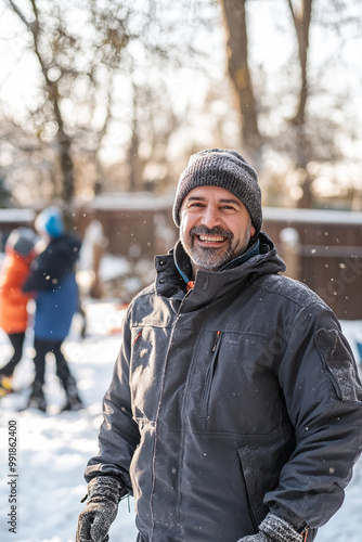 photography of a a pleased man in his 40s that is wearing snowsuit photo