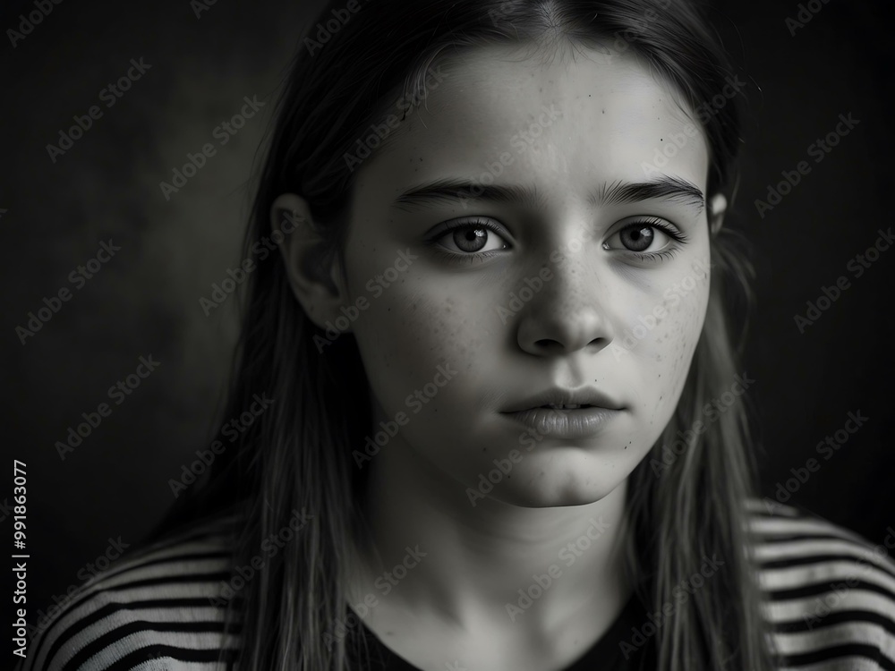 Zoom in on a sad adolescent girl in black and white. Zoom in on a sad adolescent girl in black and white.