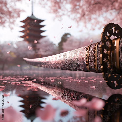 Close-up of katana sword reflecting cherry blossoms and traditional Japanese pagoda, blending sword craftsmanship with serene nature and falling petals in a peaceful Japanese setting photo